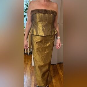 Kay Unger Gold Pencil Skirt Corset Cocktail Set with mink size 10